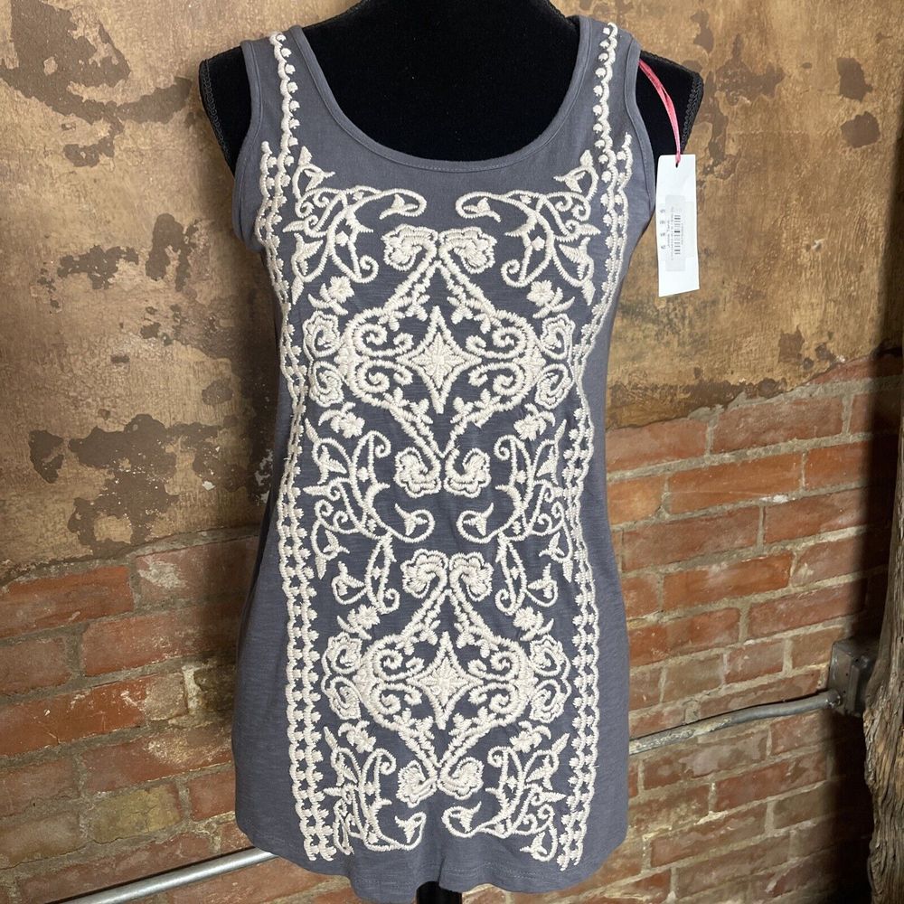Caite  JosieTank Top Women's Small Embroidered  T Shirt Gray  NWT 82
